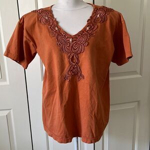 Cactus California Vintage Cotton Tee Crochet Lace Appliqué V Neck